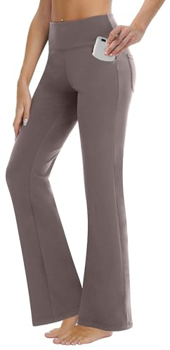ZIRUU Pantalon de yoga pour femmes, taille haute, avec 4 poches, contrôle du ventre, pantalon décontracté pour l’entraînement, style flare, Marron, XL
