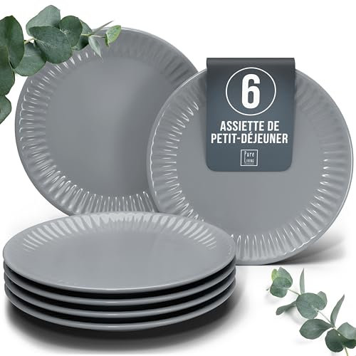 Set de 6 Assiettes à Petit-Déjeuner en Grès – Design HYGGE Scandi - Assiettes à Dessert et à Gâteau avec Design Rainuré - Assiettes Petites pour Salades - Vaisselle Pure Living en bleu gris