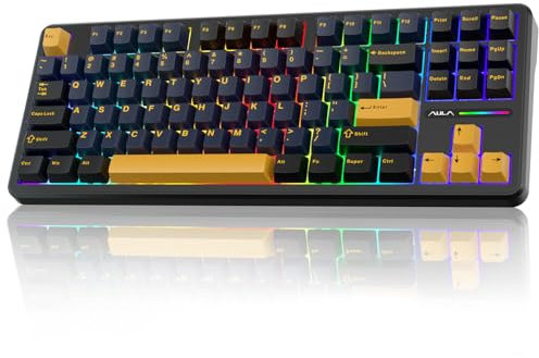 AULA F87 Gaming Tastatur Mechanisch,2.4G/Type-C/BT5.0 Mechanische Tastatur Kabellos mit Fünfschichtige Polsterung,RGB-Hintergrundbeleuchtung,Hot-Swap,QWERTY,Wireless TKL Creamy Keyboard (Schwarz)