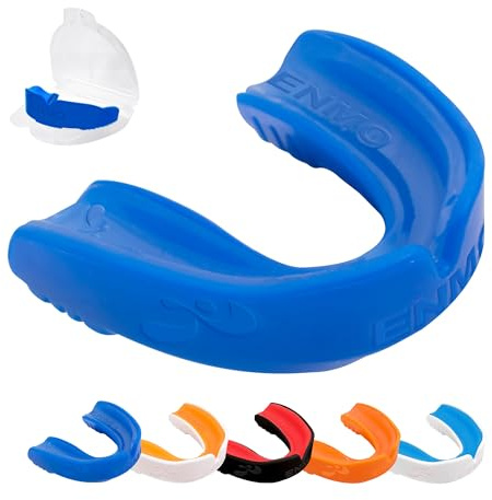 Enmo Maxilla Gel-Mundschutz, mit Etui, Erwachsene und Kinder ab 10 Jahren, Breathing Channel-Technologie, Boil and Bite, Bequem, Antimikrobiell, für alle Kontaktsportarten, Blau/Weiß