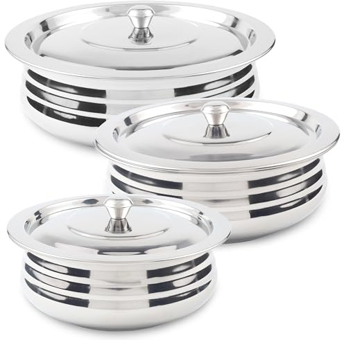 CRAFTONE Stainless Steel Heavy Duty Induction Cooking Pot Cook and Serve Handi With Lid Set of 3 pcs, Premium Steel Tope, Patila Handi for both cooking and serving (1.9 Qt, 2.4 Qt and 3.3 Quart)