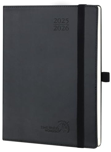 POPRUN Kalender 2025 2026 Wochenplaner (Aug.2025-Dez.2026) Softcover mit PU-Leder, ca. A5 (22 x 16,5 cm), 17-Monate-Terminplaner 1 Woche 2 Seite mit FSC®-Zertifiziertem Papier - Schwarz