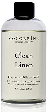 COCORRÍNA Ricarica Diffusore Ambiente 200ml con 8 Bastoncini, Clean Linen, Profumo Lungo Durata con Oli Essenziali Naturali, Camera da Letto e Bagno