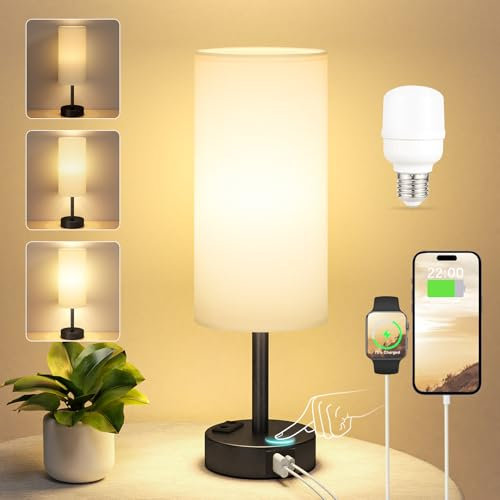 Kakanuo Nachttischlampe Touch Dimmbar, Tischlampe mit USB A+C+Steckdose Ladefunktion, Lampenschirm aus Leinenstoff, Lampe für Nachttisch Wohnzimmer Schlafzimmer Kinderzimmer Büro(Inklusive Birne)