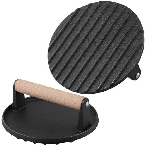 Funsuei Uppsättning av 2 hamburgarpress gjutjärn 17,5 cm, 1 kg hamburgare smasher med trähandtag, svart rund grillpress gjutjärn för BBQ, steak, grill