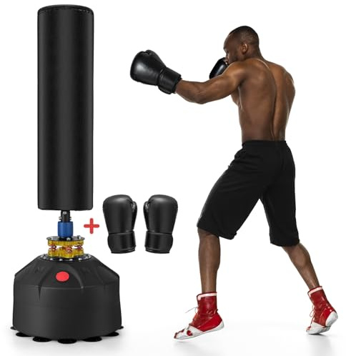 GOPLUS Fristående boxningssäck med boxningshandskar, 173 cm – 90 kg, tung stående boxningssäck med sugkoppsbas för vuxna, ungdomar och tonåringar, kickboxningssäck för MMA, Muay Thai, fitness