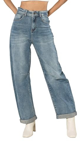 Nina Carter YY307 - Pantalones vaqueros de talle alto para mujer, estilo mom, con ajuste Barrel, de denim elástico, corte amplio, L delgado