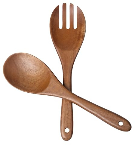 Zarocrus 2 pcs Wooden Spoons for Cooking, 10.5 Inch wooden Salad servers of ladle and Fork Set, Acacia Wood Salads Kitchen Serving Utensils Set for Tossing, Mixing and Cooking