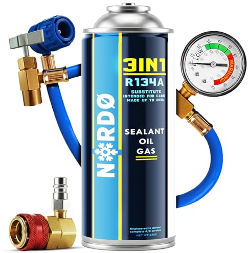Nordo 3-en-1 – Gaz Réfrigérant R134a De Substitution pour Climatisation Auto avec Stop-Fuite Et Huile – Lot 1x235 g Bouteille – Camping-Car – Tuyau + Adaptateur HP/LP – ECO