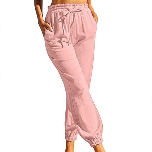 Capribyxor för kvinnor casual, dambyxor sommar stor storlek, 8/9 byxor fastspända ankelbyxor enfärgade mångsidiga byxor elastisk midja byxor kort byxor byxor byxor M-Xxxl, rosa, L
