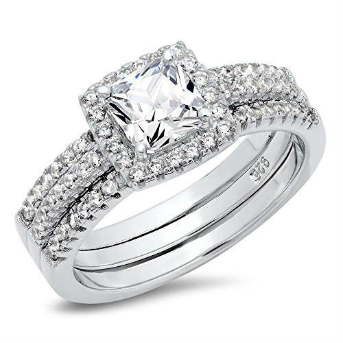 Metal Factory Sz 7 Sterling Silver Cushion Cubic Zirconia CZ 2Pc Halo Wedding Engagement Ring Insert Set