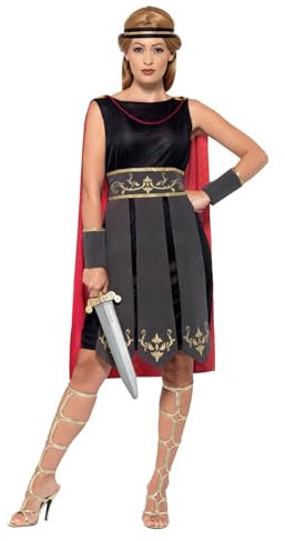 Smiffys 45496M - Damen Römische Kriegerin Kostüm, Kleid mit Umhang, Arm Stulpen und Haarband, Größe: 40-42, schwarz