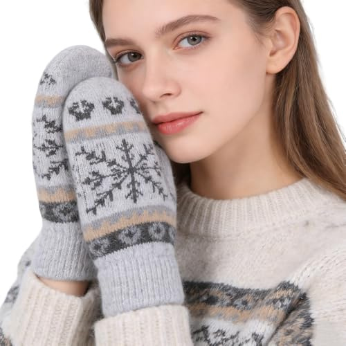 Moufles Femme Chaud Hiver Moufles Tricotés Gants Epais Doux Gant Anti-vent Gloves Motif de Flocon de Neige Mitaines Doigts Complets pour Ski Sports en Plein air Cadeau Noël, Gris, Taille unique