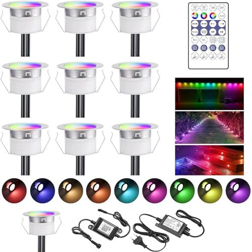10er WiFi Bluetooth Dynamische Farben LED Bodeneinbauleuchten Multicolor Chasing Effekt Terrassenbeleuchtung Arbeitet mit Alexa, Google Home,DC12V Ø45mm IP67 Wasserdicht LED Einbaustrahler Terrassen