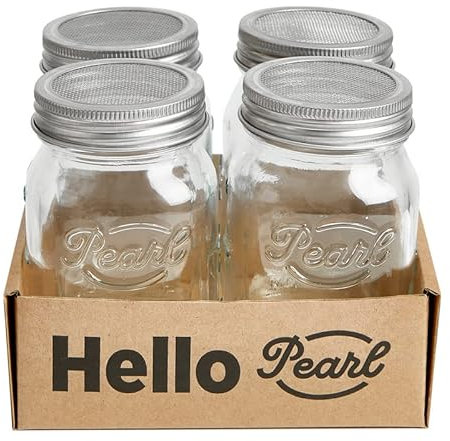HELLO PEARL Mason Jar Luna Mesh Keimglas 500ml 4er Set | Rostfreier Edelstahl Deckel, Edelstahl Gitterdeckel, wiederverwendbares Sprossenglas mit Fermentiergitter, ohne Dichtungsring.