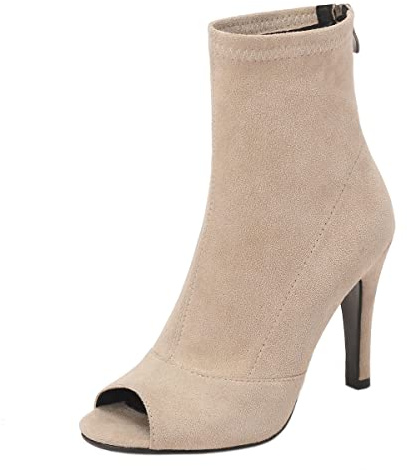 SHEMEE Women's Summer Peep Toe Stiletto High Heels Ankle Boots Faux Suede Open Toe Sandals Booties Shoes with Back Zipper(Apricot, us 9)