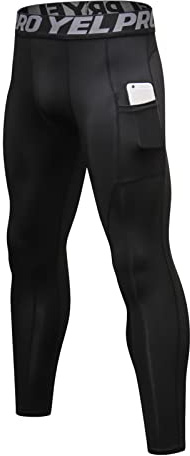 Ruowuhen Kompressionsbyxor för män med fickor, sportleggings, löparbyxor, snabbtorkande fitness, funktionella underbyxor, tights, svart, L