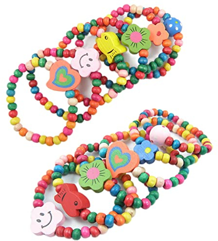 Aisszhao 12 Bracelets Colourful Wooden Jewellery Girls Birthday Party Bag Stocking,12 Colourful Wooden Bracelets,Bracelets Gift for Little Girls Candy Bracelet, 9 inch