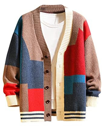 GURUNVANI Strickjacke Pullover für Männer gestrickt Lange Ärmel Pullover mit Knöpfen | patchwork knit design, relaxed unisex fit, thick textured sweater, button front closure, vintage layering style
