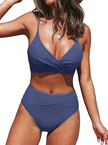CUPSHE Women's Twist Front High Waisted Bikini Set V Neck Padded Two Pieces Bathing Suits Swimsuits Persian Blue M