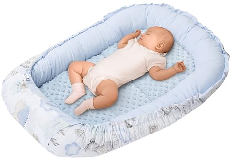 Medi Partners Babynest Nestchen für Neugeborene - 100x60x15 Babynestchen Baby zweiseitg Nest Bett 100% Baumwolle Minky Kuschelnest tragbar (Hirsch und Igel mit Hellblau Minky)