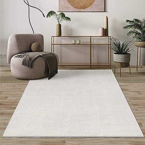 Mia's Teppiche Comfort Moderner Flauschiger Kurzflor Teppich, Anti-Rutsch Unterseite, Waschbar bis 30 Grad, Super Soft, Felloptik, Creme, 60 x 110 cm