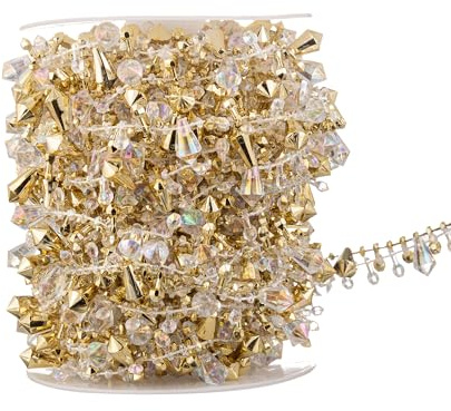 YoungJewl 33 Feet Crystal Garland Christmas Clear Iridescent Crystal Bead Rolls and Gold Bead Garland Twist Bead String for Christmas Tree Wedding Party Decoration