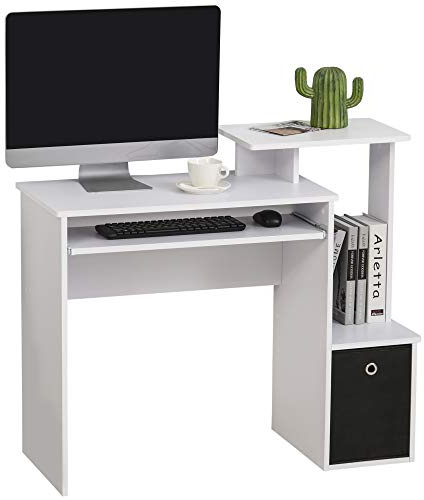 Vinsetto Scrivania Moderna Porta PC, Scrivania per Computer con Mensola Porta Tastiera, Ripiano e Cassetto in Tessuto, 100x40x86.6cm, Bianco e Nero