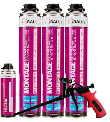 dubaust MSP24 Bauschaum Montageschaum Pistolenschaum 750ml Kombisets PU Dämmschaum hohe Schalldämmung Wärmedämmung Isolierend B2 (mit Reiniger PRS24 500ml + Schaumpistole Business, 3x 750ml)