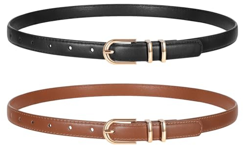 WERFORU Pack de 2 cinturones de piel para mujer, ajustados, para vaqueros, pantalones, cinturón fino de piel sintética con hebilla dorada