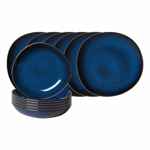 like. by Villeroy & Boch Lave Bleu Tafel-Set 12-teilig, Tafelservice aus Speisetellern (28 cm) und Suppenschalen (21 cm) für 6 Personen, Steingut, Blau