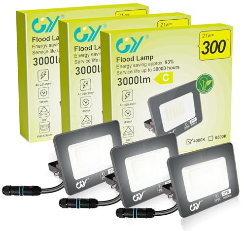 GY LED Strahler Außen 21W Entspricht 300W,Superhell 3000LM LED Scheiwerfer,IP65 Wasserfest Fluter 4000K Neutralweiß Aussenstrahler für Hinterhof Auffahrt Türen Garage Flur Garten,48 LEDs,3 Stück
