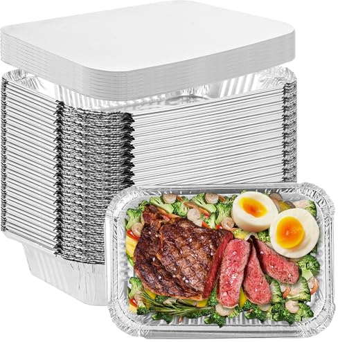 SENENQU 50 Piezas Bandejas Aluminio Desechables 1900 ml con Tapas, Envases Desechables para Alimentos, Recipientes Rectangulares de Aluminio para Horno, Asados y Transporte, 26 x 19,5 cm