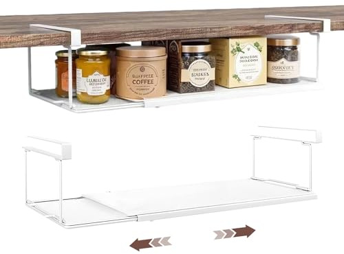Pinkgarden Cesta colgante extensible de metal, estante inferior, cesta de almacenamiento, cesta colgante para estantería, sin agujeros, para cocina, armario, oficina y despensa (blanco, estándar)