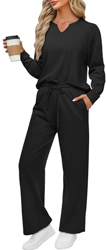 REORIA Women V Neck Activewear Loose Lounge Wear Set Solid Color Tracksuit Co Ord Sets Two Piece Outfit Black S