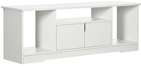 HOMCOM Meuble TV Banc TV Design Contemporain - 3 niches, Placard Double Porte - dim. 120L x 30l x 41H cm - Panneaux Particules Blanc
