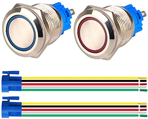 GUUZI 2pcs Pulsadores Momentáneos 1NO1NC Carcasa de Acero Inoxidable Resistente al Agua 220V-230V/5A Botón Iluminado con Anillo LED con Enchufe de Cable Orificio de Montaje 19mm (Azul+Rojo)