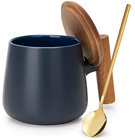 GOOD ALWAYS Coffee Mug, 14 Oz Ceramic Tea Mug with Lid and Coffee Spoon for Latte, Cappuccino, Cocoa, Mocha, Fathers Day, Birthday Gifts, House Warming Gifts New Home, 1 Pack (Blue)