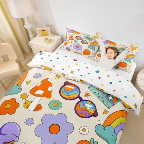 Erosebridal Kids Groovy One Party Decorations Bedding Sets King for Boys Girls Hippie Mushroom Comforter Cover Kawaii Strawberry Bed Sets Retro Tape Cassette Duvet Cover Groovy Flower Room Decor 3pcs