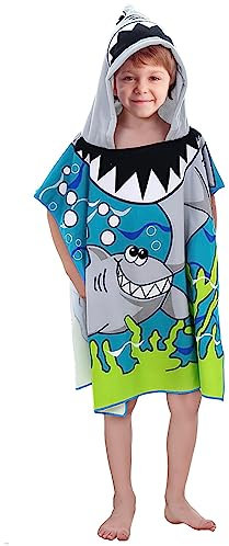 Hillylolly Strandtuch mit Kapuze Kinder, Badehandtuch Kinder Poncho, Handtuch Poncho Schwimmen Kinders Microfaser, für Mädchen Jungen 3-16 Jahre (Haie, 60 * 120CM)