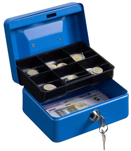 H&S Geldkassette mit Schlüssel abschließbar - Schwarze Kasse in Klein mit 2 Schlüsseln - für Scheine mit Münzfach zur Geld Aufbewahrung - Money Box Kassa mit Schloss - Blau