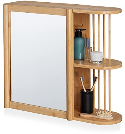 Relaxdays Wandregal mit Spiegel, Bambus, 2 halboffene Ablagen, 53x62x20 cm, Badezimmer, hängend, Spiegelschrank, Natur