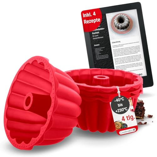 Coolinato - Silikon Backform Dessertform 500ml 4er Set Rot - Silikonformen für Pudding, Minikuchen & Desserts - Flexible Puddingform 16 cm backofenfest bis 230°C & antihaft inkl. tollen 4 Rezepten