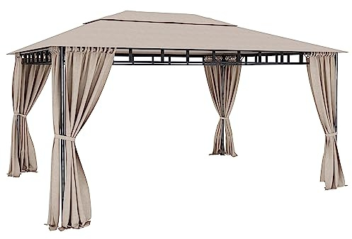 BRICOZONE Gazebo Da Giardino 4 Tende Laterali Richiudibili Camino Antivento Struttura In Acciaio Robusto Idrorepellente Teli Laterali 180 g/m² Esterno Giardino Piscina Fiere Ombreggiante 3 x 4M Ecrù