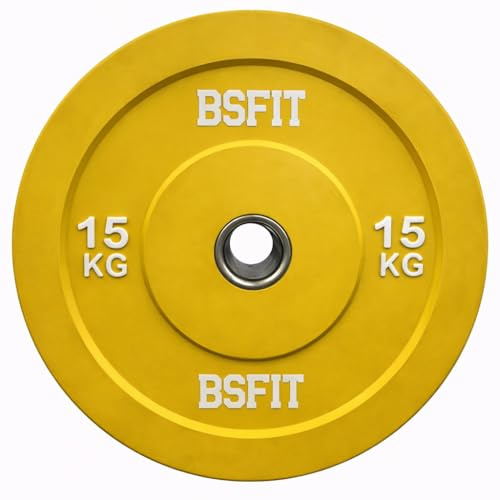BSFIT® 1 disco de 15 kg pesas duraderos de caucho, Disco olimpico bumper discos, calidad premiun centro de acero orificio olimpico de 50mm