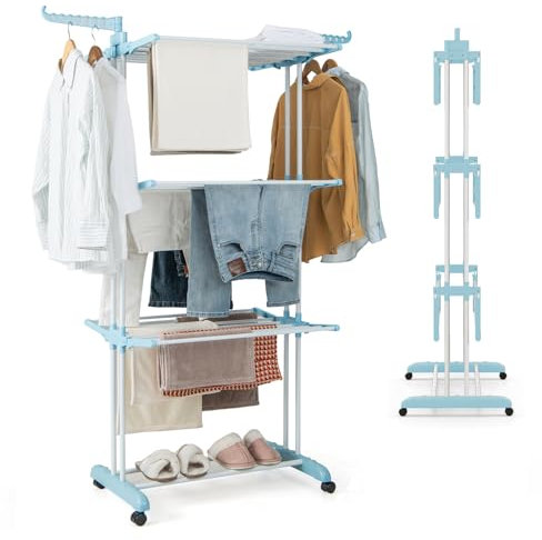 COSTWAY 4-Stufiger Wäscheständer mit Rollen, Wäschetrockner zusammenklappbar mit 2 drehbaren Seitenflügeln, Freisteheneder Standtrockner Wäscheturm Ausziehbar für Innen und Draußen (Blau)
