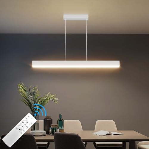 Klighten LED Pendelleuchte Esstisch 80/24 W, moderne Pendelleuchte mit Fernbedienung, dimmbar, 3000 K-6000 K, lineare Deckenleuchte, Höhe 150 cm, verstellbar, für Küche, Wohnzimmer, Weiß