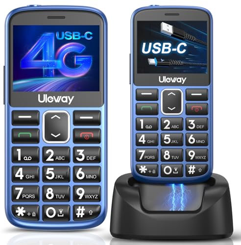 uleway 4G Seniorenhandy Mobiltelefon Ohne Vertrag, Lange Standby Zeit, USB-C-Laden, Senioren Handy Mit SOS Notruftaste, Großtastenhandy mit Ladestation, Blau
