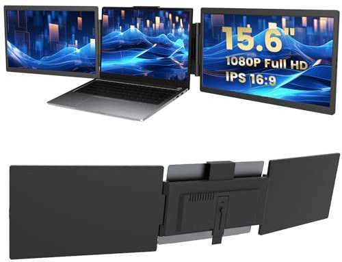 Azeyou Portable Monitor, 15.6 FHD+ 1080P HDR Display, Tri-Screen Monitor Screen Extender, Kompatibel mit 14-17.3 Laptop PC, Mac, Windows, Android System, USB/Typ-C, Black