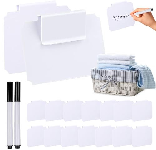 Etikettenhalter Set, 16 Stück PVC Korb Etiketten Clips Abnehmbare Preisschildhalter Label Halter mit 2 Markierungsstiften für Lagerung Korb Speisekammer (Weiß)